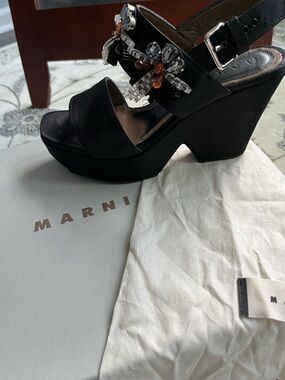 Marni Black Satin Jeweled Platform Sandals with Orange Accents